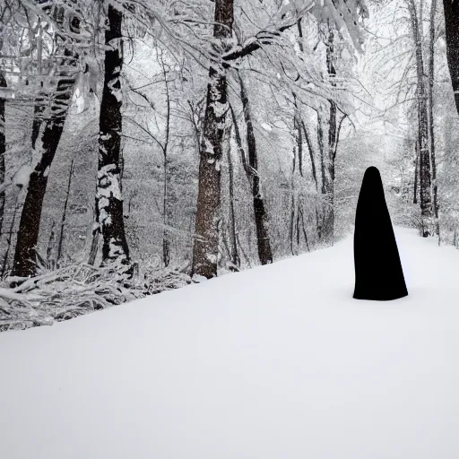 Image similar to lady dressed in a long black robe standing in the shadows of a snowy forest at night