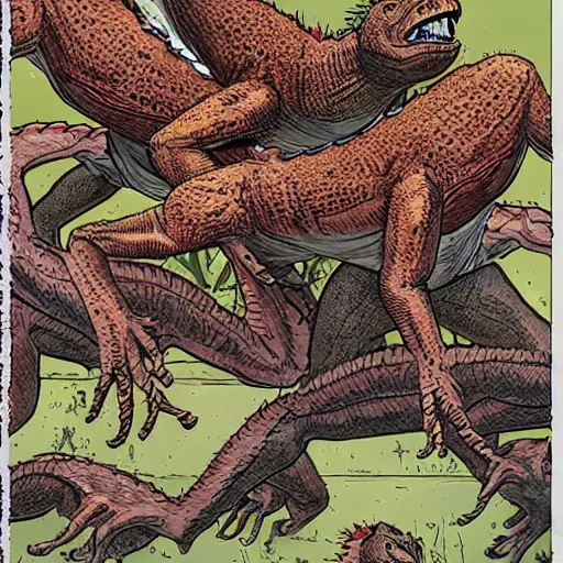 Image similar to a two-headed velociraptor biting a man in half, style of Geof Darrow