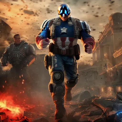 Image similar to donald trump as captain america in gears of war, splash art, maga, patriot, detailed face, movie still, cinematic lighting, dramatic, glowing, ray tracing, octane render, long lens, shallow depth of field, bokeh, anamorphic lens flare, 8 k, hyper detailed, 3 5 mm film grain