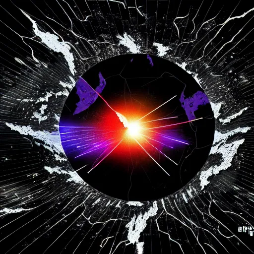 Image similar to shattered earth, black background, science fiction art