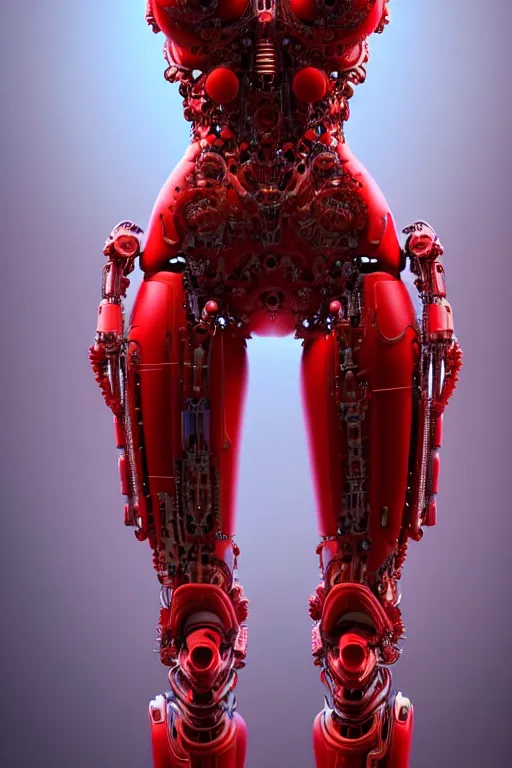 Prompt: a statue made of red marble, of an beautiful girl, full body shot, perfect body, red white biomechanical, inflateble shapes, wearing epic bionic cyborg implants, masterpiece, intricate, biopunk futuristic wardrobe, vogue, highly detailed, artstation, concept art, background galaxy, cyberpunk, octane render