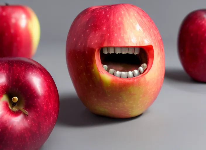 Image similar to photo still of an apple with human teeth, 8 k, studio lighting, 8 5 mm f 1. 8