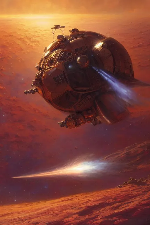 Image similar to space ship arriving in a red planet, detailed, 8 k, trending on artstation, smooth, sharp focus artwork by mark arian, artgerm, mark keathley, greg rutkowski and alphonse mucha