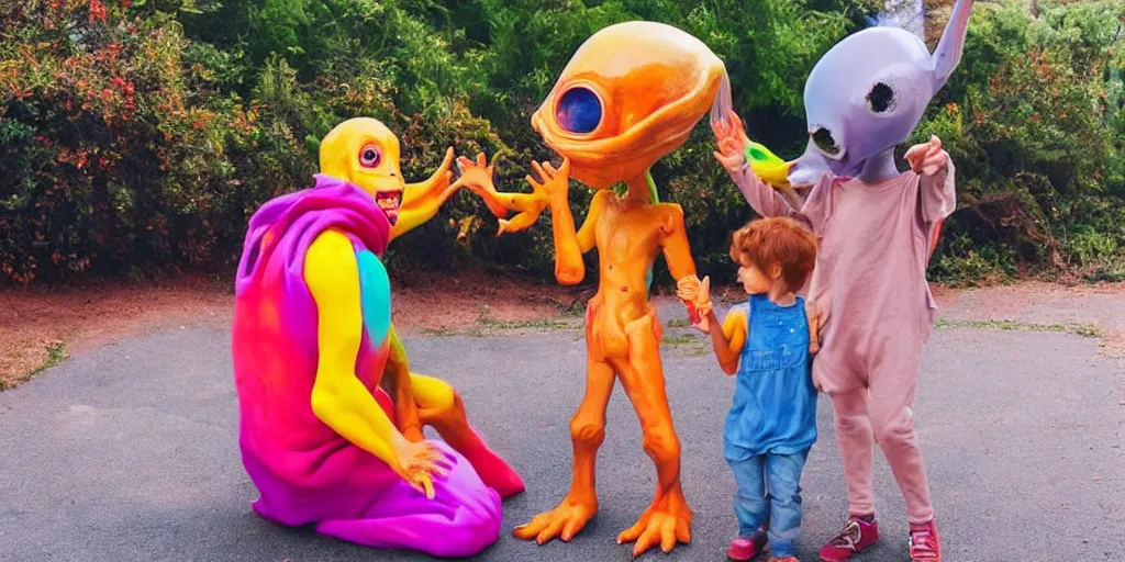 Prompt: happy encounter between an alien and a human child, colorful, impactful