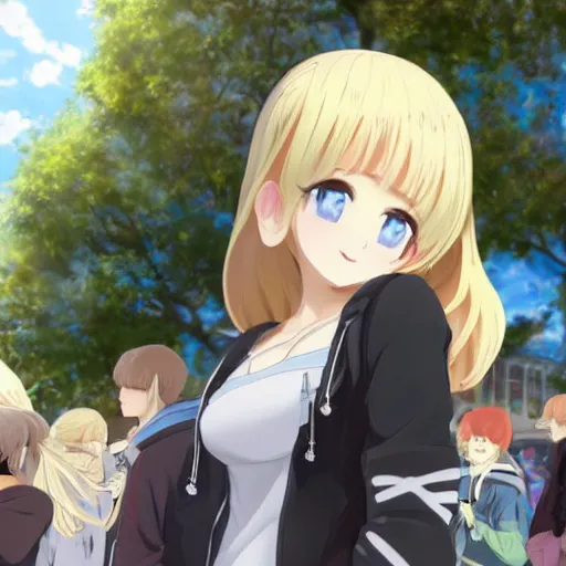 Image similar to blonde - haired princess, anime princess, wearing black jacket and white leggings, looking through crowd, town street, festival street, trees, green trees, blue lighting, blue sunshine, strong lighting, strong shadows, vivid hues, ultra - realistic, sharp details, subsurface scattering, intricate details, hd anime, 2 0 1 9 anime