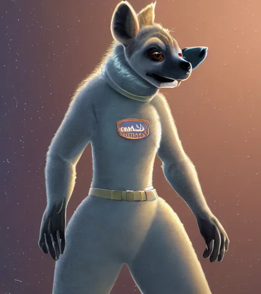 Image similar to digital detailed full body of anthromorphic female hyena, in style of zootopia, zootopia, zootopia, fursona, furry, furaffinity, 4 k, deviantart, wearing astronaut outfit, in style of zootopia, floating in space, space background, in deep space, dark background, hyena fursona, cyberpunk, female, stylized face,