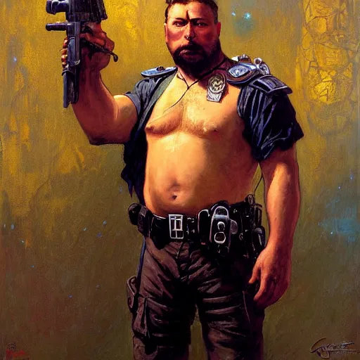 Image similar to portrait of a bear bearman in a police uniform. shadowrun furaffiniy cyberpunk fantasy highly detailed painting by gaston bussiere craig mullins jc leyendecker gustav klimt artgerm greg rutkowski john berkey, bergey, craig mullins, ruan jia, raymond swanland, jeremy mann, tom lovell, alex malveda