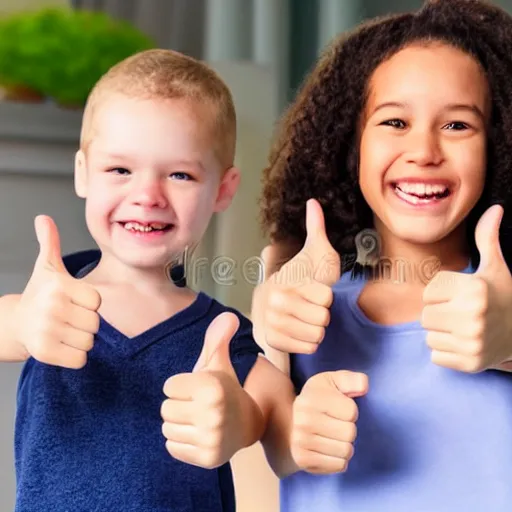 Image similar to twins making a thumbs up and smiling, photorealistic, stock photo