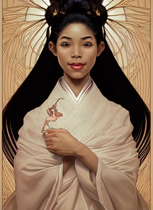 Prompt: ultra realistic illustration, smiling nubian geisha prima ballerina, sci - fi, fantasy, symmetrical face, intricate, elegant, highly detailed, digital painting, artstation, concept art, smooth, sharp focus, illustration, art by artgerm and alphonse mucha