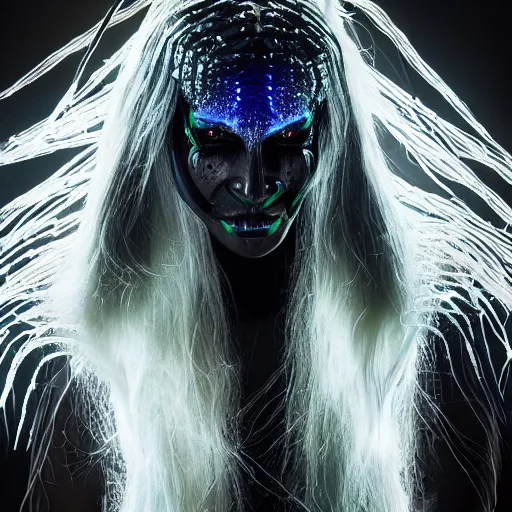 Prompt: a demon inspired by fiber optic created by the make up artist hungry, photographed by andrew thomas huang, cinematic, expensive visual effects