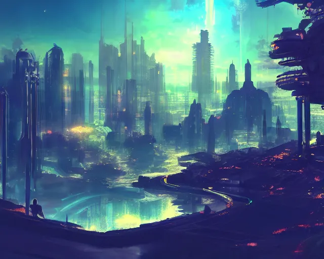 Prompt: scenery artwork, scene beautiful, light!! light essential futuristic city world and nature vegetation with daylight, surrealism oil on canvas, artstation!! pixiv!! dream scenery, quality astral projection render, nier automata concept art, vaporwave textures