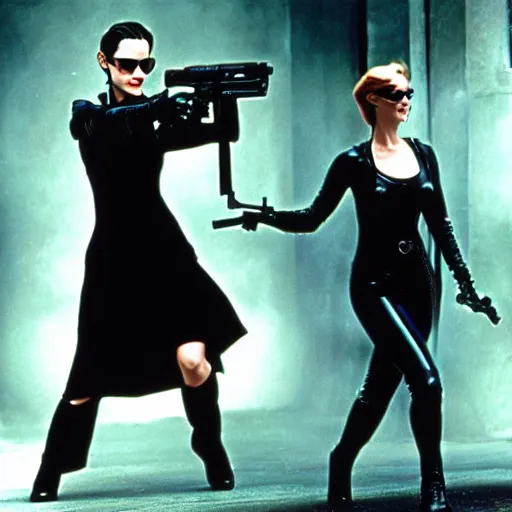 Prompt: movie scene from the matrix, trinity played by marilyn monroe, wearing all black vinyl, holding two guns, film still by the wachowskis