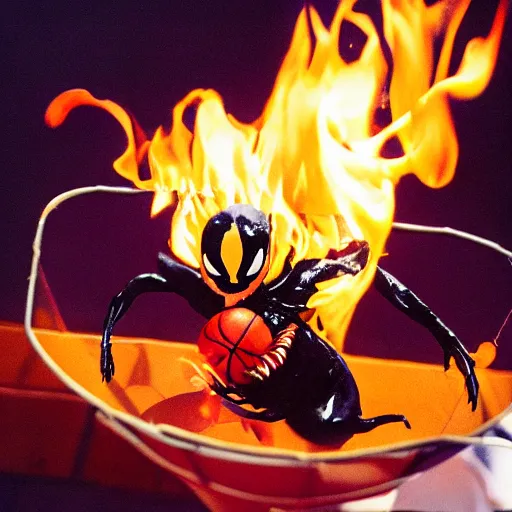 Image similar to A photograph of Venom slam dunking with flames coming from the basket