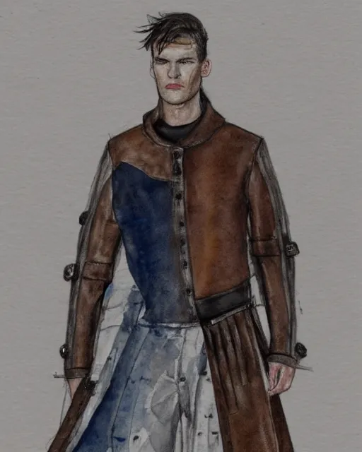 Prompt: rough watercolor sketch of a male model wearing a baggy medieval menswear leather jacket by alexander mcqueen, 4 k, astonishing detail, studio lighting, wide angle lens