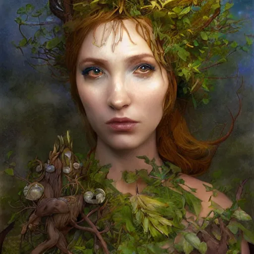 Image similar to portrait character design painting, dryad musician inspired by brian froud, portrait, accompanied by a cute feathered mouse, studio lighting by jessica rossier and brian froud and gaston bussiere
