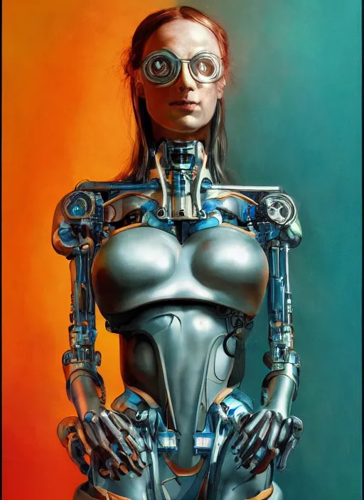 Prompt: portrait of a cyborg scientist girl, cinematic light, looking to the side off camera, backlight glow, teal orange, mist, by gerald brom, by mikhail vrubel, by peter elson, muted colors, extreme detail, trending on artstation, 8 k