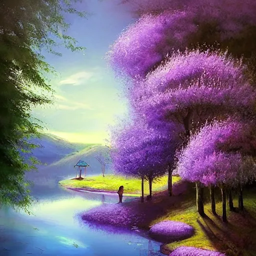Prompt: A beautiful street art of of a landscape. It is a stylized and colorful view of an idyllic, dreamlike world with rolling hills, peaceful looking animals, and a flowing river. The scene looks like it could be from another planet, or perhaps a fairy tale. lavender by Marek Okon, by Stuart Immonen fine