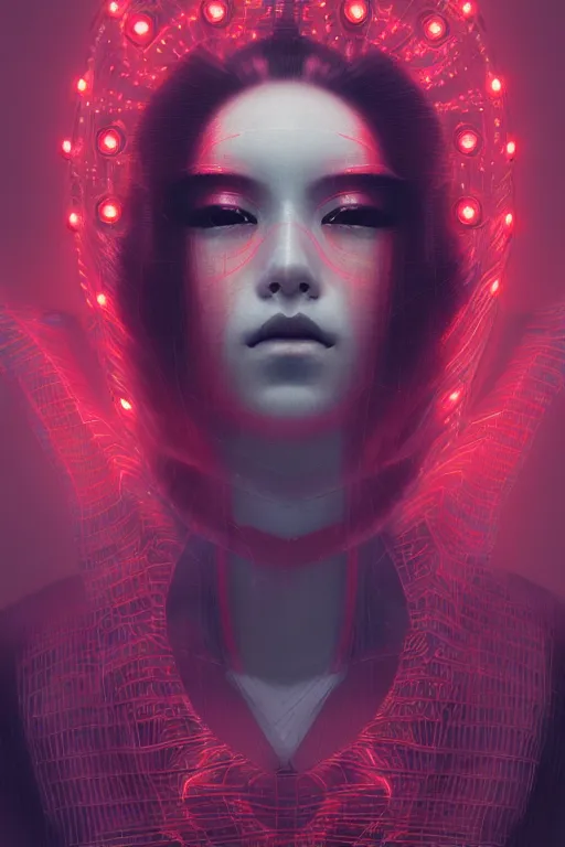 Prompt: A masterpiece portrait of a Incredibly cyberpunk geisha by Ash Thorp, red LED lights, extremely beautiful and proportionate face, sharp focus, hyper detailled