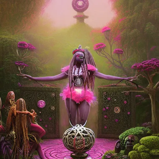 Prompt: a terrifying voodoo priestess with dreadlocks and a steampunk stargate in a rose garden with a pink reflective pool, by Zdzislaw Beksinski and greg rutkowski and android jones and thomas kinkade in a surreal portrait style, oil on canvas, 8k, hd,