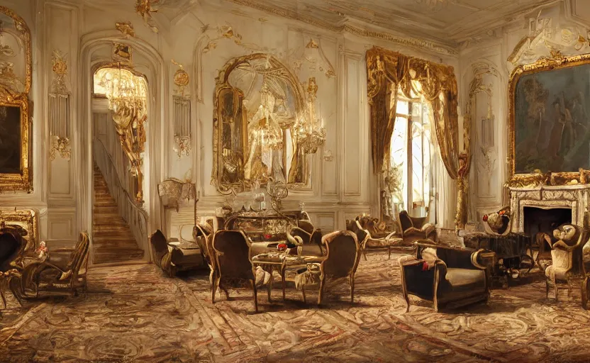 Image similar to realist rococo painting of a 1 9 2 0 s grand party in a beautiful mansion, many partygoers, strong contrast, unreal engine, hyper realism, realistic shading, cinematic composition, realistic render, octane render, detailed textures, photorealistic, ultrawide shot, 3 5 mm film