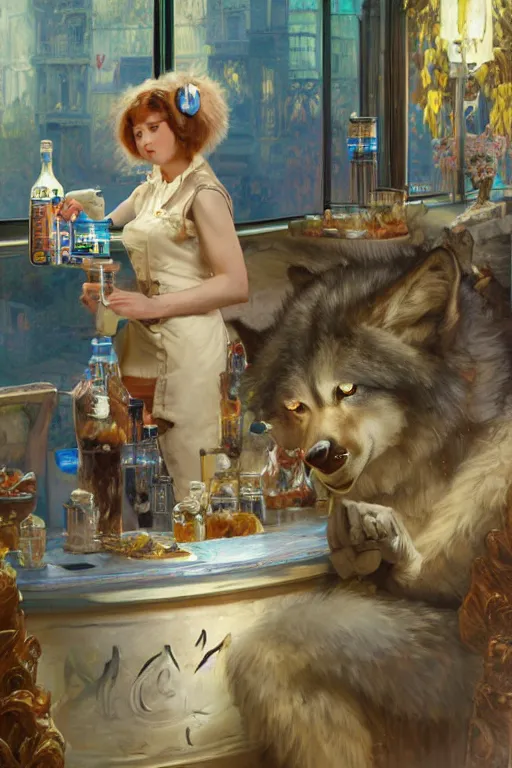 Image similar to a female anthro wolf serving milkshakes as a waitress, 4 k, furaffinity, furry art, trending on artstation, very expressive face, by gaston bussiere, craig mullins, sakimichan, gustav klimt, artgerm, greg rutkowski, alphonse mucha