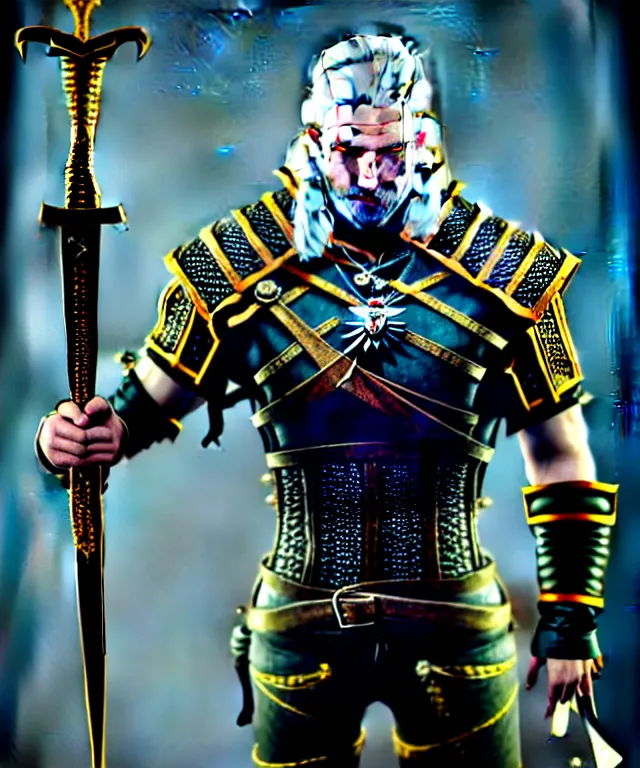 Prompt: complex 3 d render of a the witcher full body with sword, gold and black, dragon cyborg, 1 5 0 mm, beautiful natural soft light, rim light, gold fractal details, fine lace, anatomical, glass, facial muscles, elegant, ultra detailed, octane render