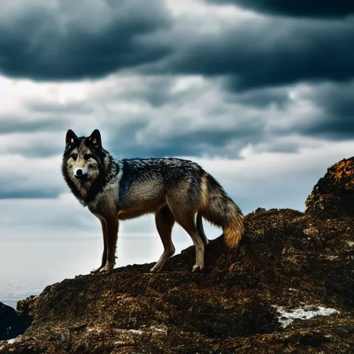 Image similar to professional photograph of a wolf standing on an island, blue clouds, highly detailed, high quality, HD, 8K