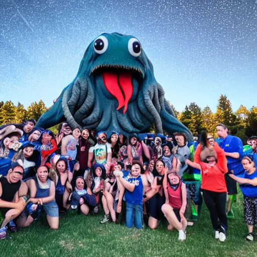 Image similar to A camp of 20 people and 1 Elmo known as Slacker Camp taking a group selfie in front of Cthulhu at POrtal Burn 2022 in Almond NY, with a stary sky and a crescent moon