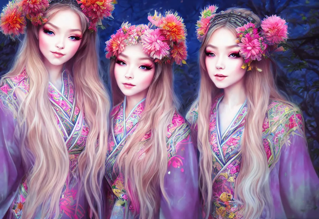 Image similar to two beautiful fashion siberian girls wear fantasy kimono in festival | | big eyes, sunny, dreamlike art, realistic shaded, smile, good looking, hyper details, 4 k realistic, cryengine, realistic shaded lighting poster by artgerm, ross tran, fuji choko, loish, 8 k resolution, trending on artstation, luxury