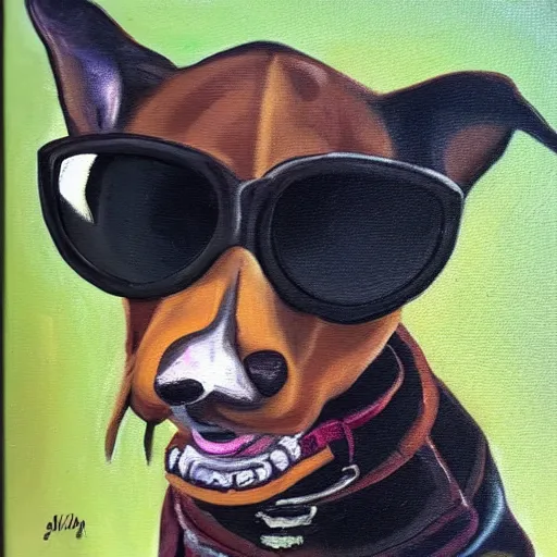Prompt: oil painting of a badass dog with sunglasses smoking a cigar