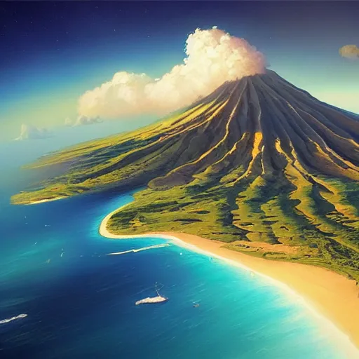 Image similar to a painting a breathtaking aerial view of Hawaiian islands, surrounded by palm trees, clouds, flowers, volcano, azure ocean, sunlight glistening, glow, , a detailed matte painting by sylvain sarrailh, Stephan Martinière, by RHADS, Makoto Shinkai, bokeh, Artstation contest winner, fantasy art, concept art, #vfxfriday