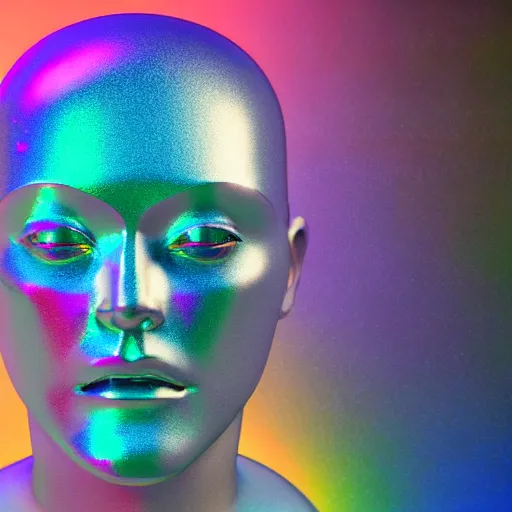 Image similar to 3d render of holographic human robotic head made of glossy iridescent, surrealistic 3d illustration of a human face non-binary, non binary model, 3d model human, cryengine, made of holographic texture, holographic material, holographic rainbow, concept of cyborg and artificial intelligence