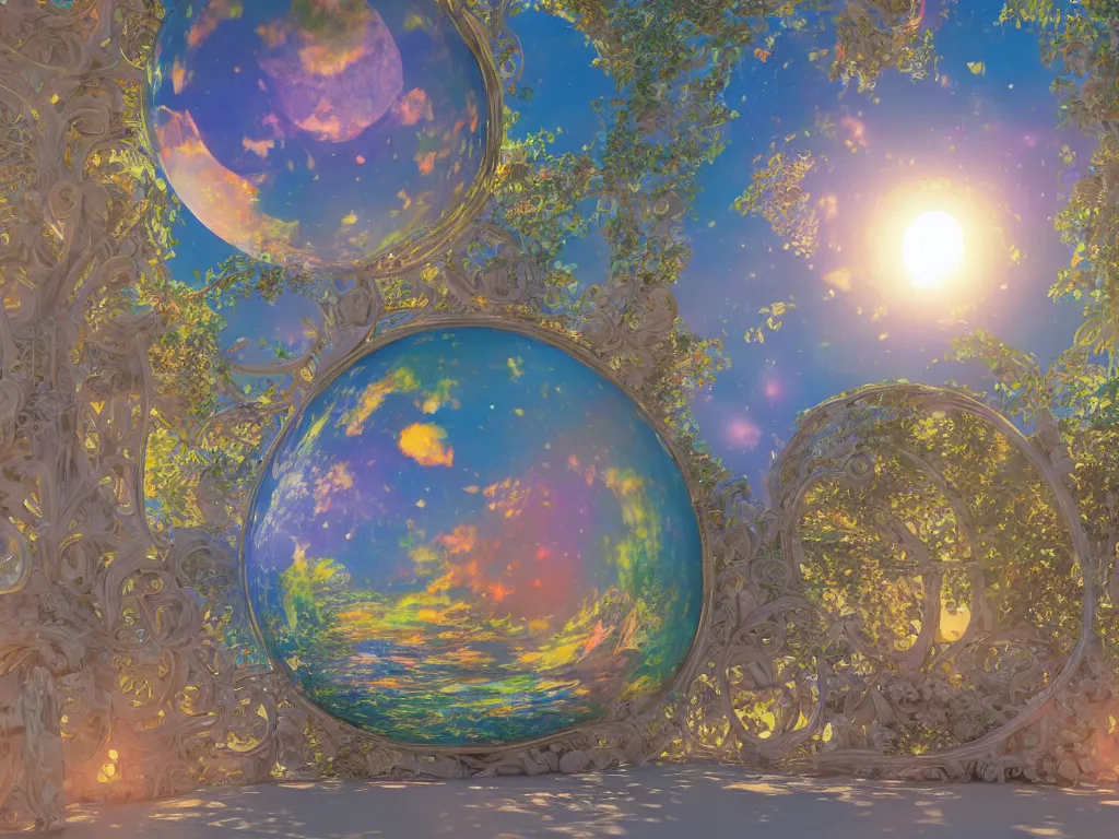 Image similar to 3 d render, sunlight study, the universe is a spheroid region 7 0 5 meters in diameter, art nouveau, by maria sibylla merian and ( ( ( ( ( lisa frank ) ) ) ) ), 8 k, sharp focus, octane render