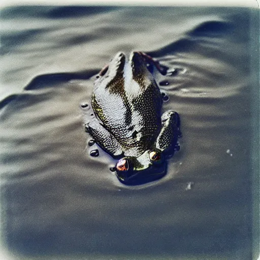 Prompt: “semitranslucent smiling frog amphibian rising above the waters of misty lake in Jesus Christ pose, low angle, polaroid shot by Andrei Tarkovsky, paranormal, spiritual, mystical”