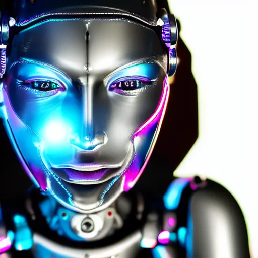 Prompt: a highly detailed, high definition, head to shoulder portrait of a female cybernetic humanoid friendly robot facing the camera, futuristic neon lit background, studio lighting