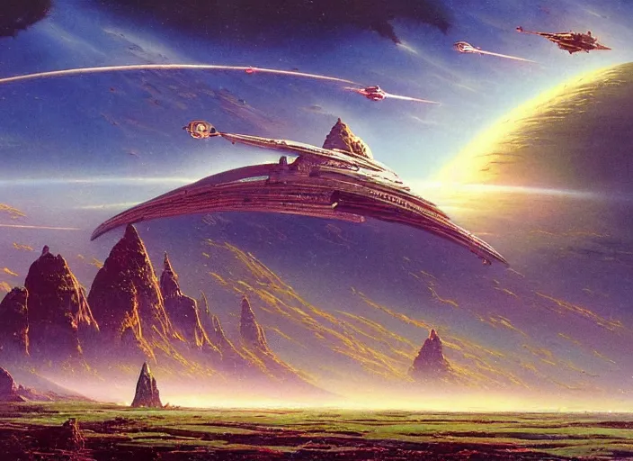 Image similar to a spaceship in a stunning landscape by bruce pennington