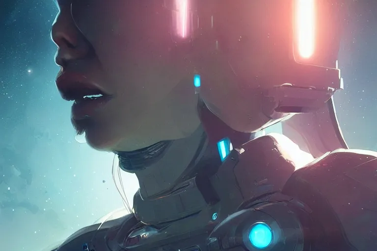 Image similar to portrait of a female space explorer, cyborg, stunning, sci-fi art, artstation, by greg rutkowski, wlop, cinematic lighting