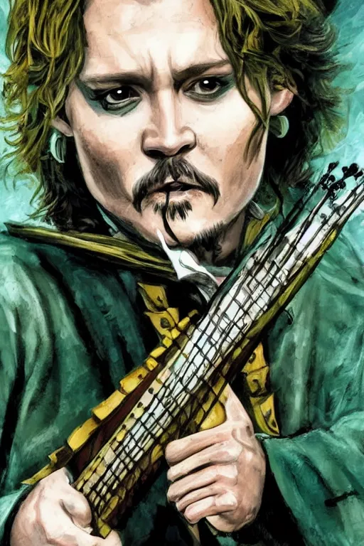 Prompt: Breathtaking comic book style of Johny Depp portrayed as a Dungeons and Dragons bard, playing the lute and wearing a pale green vest and white shirt in the style of Samwise Didier