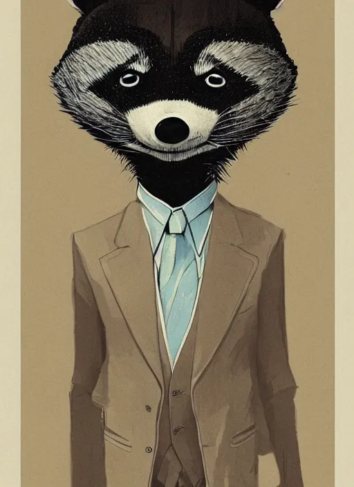 Image similar to an illustration portrait of an anthropomorphic raccoon mob boss, by victo ngai, by stephen gammell, by george ault, in the style of animal crossing, artstation