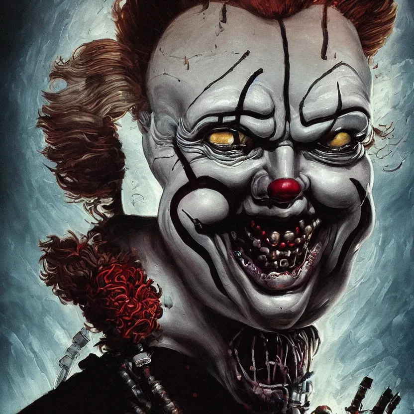 Prompt: neoclassicist close - up sci - fi portrait of a cyberpunk horror pennywise the clown. dark black ominous background, glowing atmosphere. highly detailed science fiction horror painting by norman rockwell, frank frazetta, and syd mead. rich colors, high contrast, gloomy atmosphere. trending on artstation and behance.