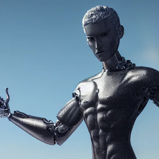 Image similar to made of ice, a realistic detailed photo of a guy who is an attractive humanoid who is half robot and half humanoid, who is a male android, on display, blank stare, showing off his muscles, shiny skin, posing like a statue, by the pool, frozen ice statue, twitch streamer / gamer ludwig, humanoid robot