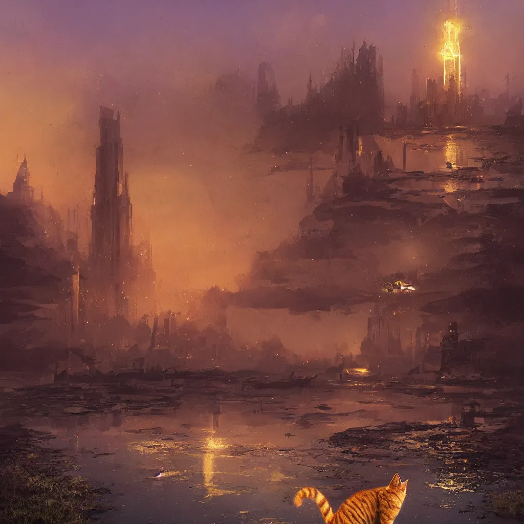 Image similar to lake filed with molten gold, volume lighting, cat on for ground and purple tower on back ground concept art, by greg rutkowski