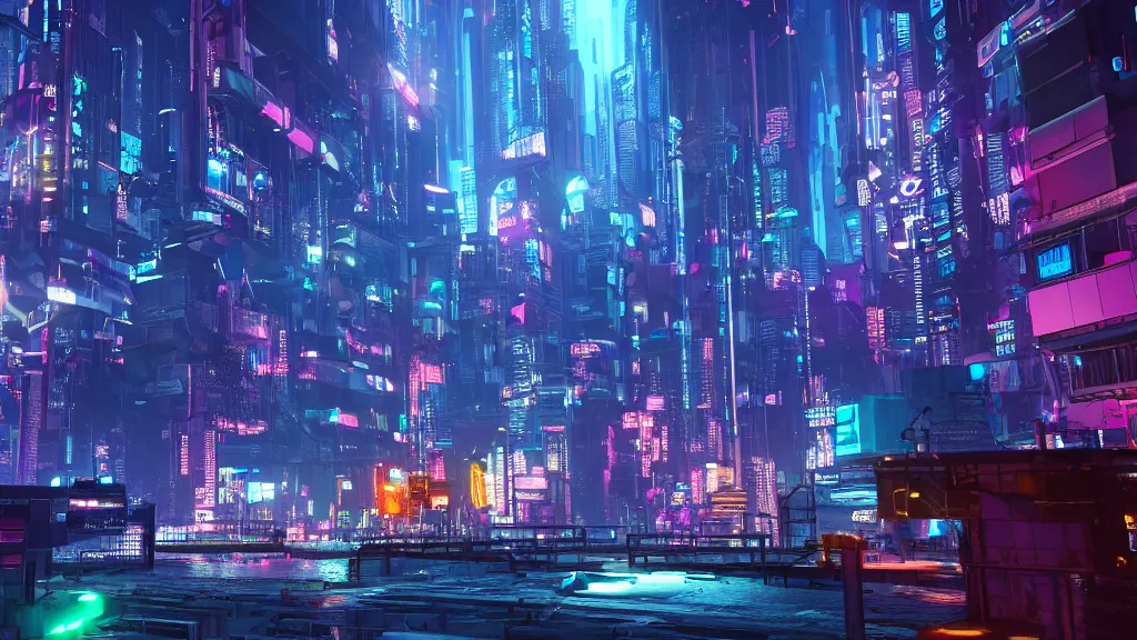 Image similar to cyberpunk city built underwater, nighttime, fluorescent led, made in blender, octane render, cinematic, volumetric lighting, futuristic,, hyperrealistic, highly detailed, colourful 4 k hd