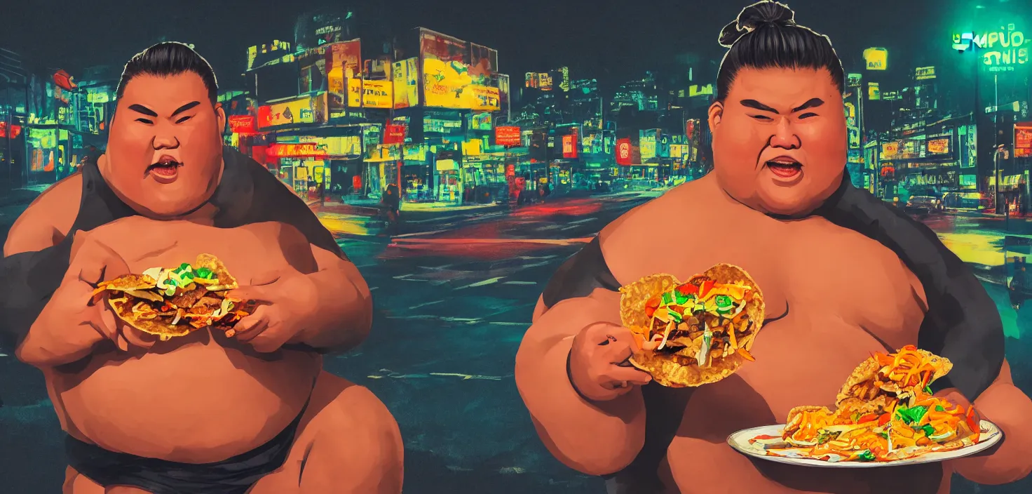 Image similar to sumo wrestler eating crispy tacos with hot sauce, photo realism, bokeh background, neon lights, city background, high definition, slr