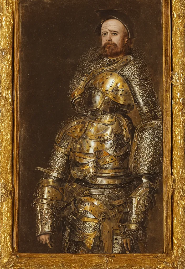 Image similar to portait of a man in decorated crusader baroque style armor and crusader helmet and big golden cross on his chest plate