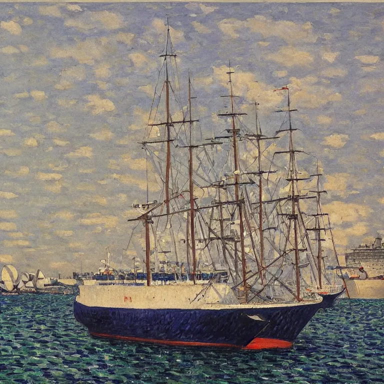 Image similar to a master gouache painting of a big ship docked at the harbor, central composition, shape obvious, sharp focus, very detaied, by gustave caillebottet