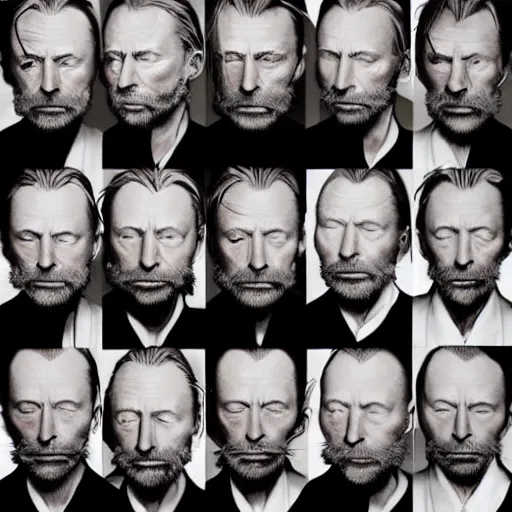 Image similar to collages, hyper realistic, many variations portrait of very old thom yorke, face variations, singer songwriter, ( side ) profile, liminal space, by lee bermejo, alphonse mucha and greg rutkowski, greybeard, smooth face, cheekbones, various versions