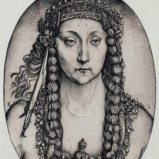 Prompt: albrecht durer, albrecht altdorfer, hans holbein, lucas cranach, gustave dore, engraving-style tattoo of regal female boddhisatva with the attributes of Diana, Athena, Guanyin, Shakti, Deborah, and Seshat