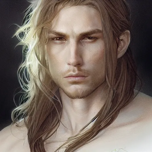 Image similar to portrait of knight, white eyes, white long hair, scar on face, handsome, elegant, intricate, headshot, highly detailed, digital painting, artstation, concept art, sharp focus, illustration, art by artgerm and greg rutkowski and alphonse mucha