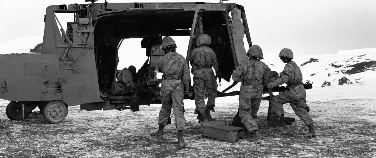 Prompt: establishing wide shot color movie like 3 5 mm photograph of a us soldier unloading metal crate from a black military 1 9 8 2 helicopter in antarctica